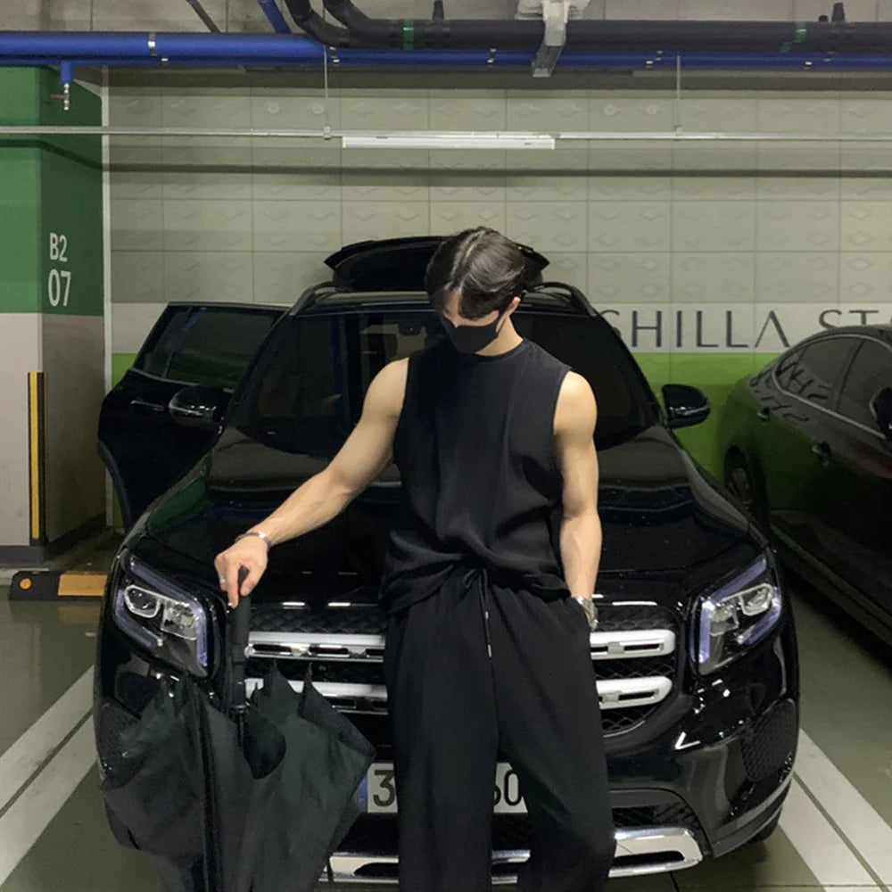 saferido Summer Clothing Men's Casual Tank Tops Set Luxury Korean Streetwear O Neck Solid Drape Vest+Trousers 2 Piece Suit 2024 New