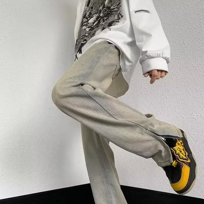 saferido Trendy Black American Style Vibe Straight-leg Jeans Men's Casual Loose Fit Zippered Side Slit Denim Trousers