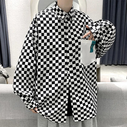 saferido High street ins checkerboard long sleeved shirt men's spring clothes plus fat plus size trendy fat people loose casual coat