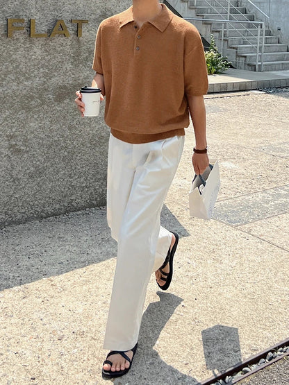 saferido Short Leeved Men's T-shirt Korean Style Simple Retro Kniting Lapel Trend Fashion Loose Casual Male Top 2024 Summer New