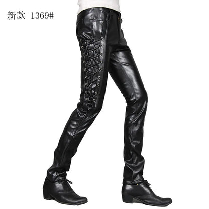 saferido Men's Fashion Leather Pants Tight Elastic Tie Cord Punk PU Pants Men's Motorcycle Pants Thin Style