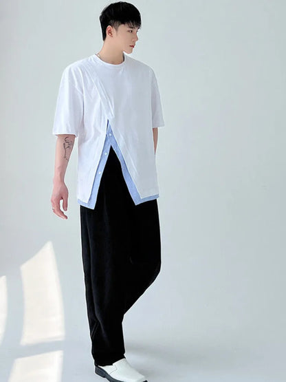 Men Clothing Summer Short Sleeve Slit Patchwork T-shirt Korean Fashion Loose Streetwear T Shirt Tops For Male