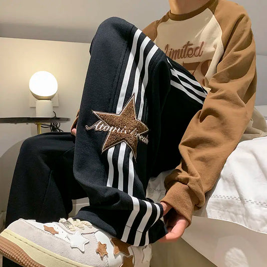 saferido Youth Korean Trendy Loose Straight Casual Pants Patchwork Elastic Waist Pockets Stripe Contrast Sports Loose Wide Leg Trousers