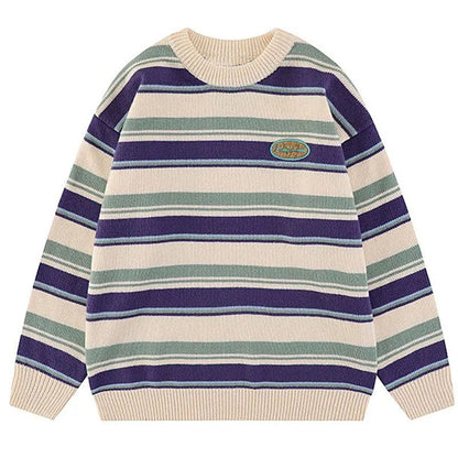 Japanese Patchwork Striped Sweater Men Knitwears New Winter Retro Vintage Harajuku Pullover Knit Embroidery Knitted Sweater
