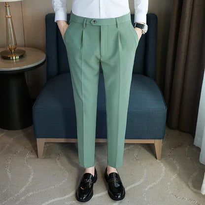 saferido British Style Men High Waist Dress Pants Autumn Solid Color Casual Trousers Slim Fit Formal Suit Pants Fashion Men Clothing 38