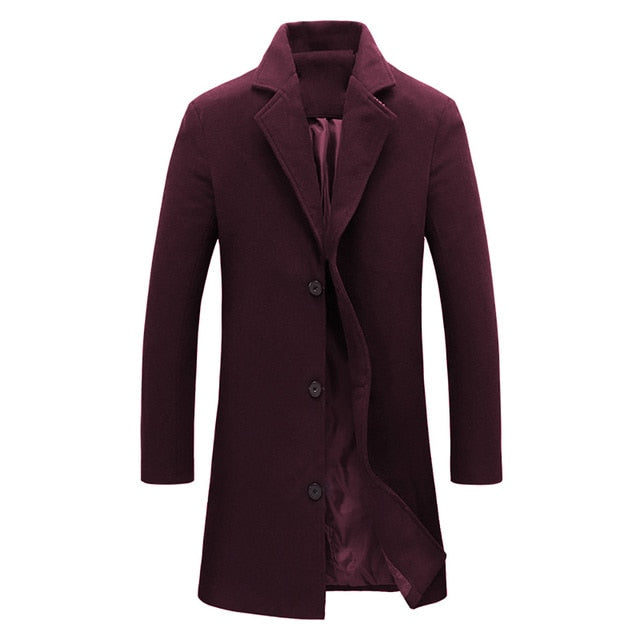 Autumn Winter Fashion Men's Woolen Coats Solid Color Single Breasted Lapel Long Coat Jacket Casual Overcoat Plus Size 5 Colors
