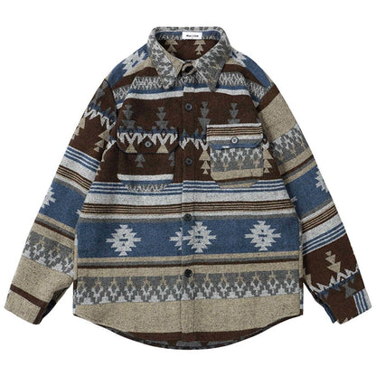 Winter Thicken Button Shirts Geometric Graphic Striped Nation Style Woolen Shirts Men's Autumn Button Up Blouse