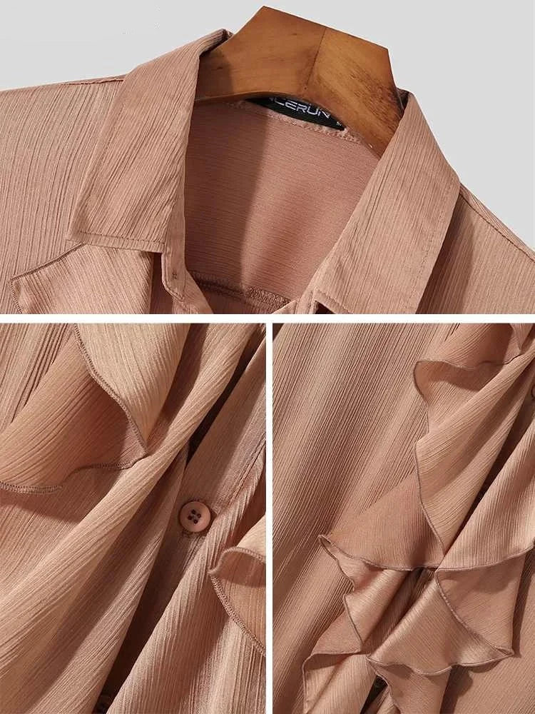 Handsome Well Fitting Men Tops Solid Comfortable Blouse Casual Hot Sale Male Loose Ruffled Long-sleeved Shirt S-5XL INCERUN