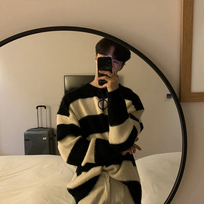 Men's Knitted Light Luxury Pullover Sweater Men Casual Striped Vintage Loose O Neck Solid Color Long Sleeve Streetwear Knitwear