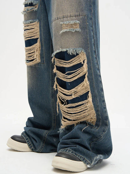 Jeans for Men Casual Straight Loose Summer Daily Hole Solid Color High Street Denim Trousers Breathable Trendy All-match Unisex
