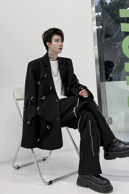 saferido Korean Street clothing fashion Spring Men's Irregular Hole Suit Dark Black Male Blazers Korean Fashion Lapel Outwear