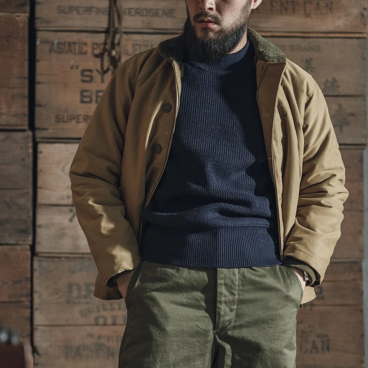 Bronson Pre-War USN Mock Neck Sweater Men Heavyweight Knitted Pullover Navy Blue