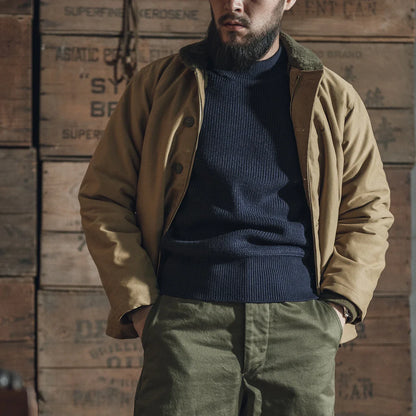 Bronson Pre-War USN Mock Neck Sweater Men Heavyweight Knitted Pullover Navy Blue