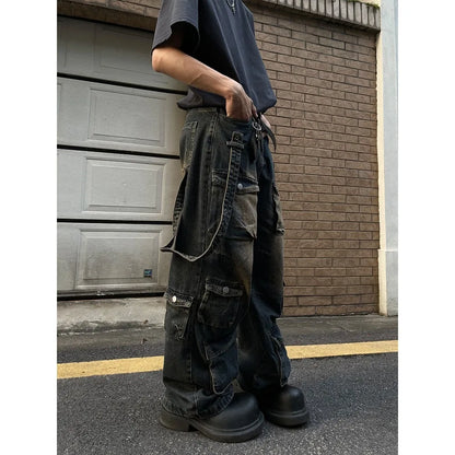 saferido 2024 American Retro Yellow Mud Color Multi-pocket Cargo Jeans Men's and Women's Loose Straight Leg Hip Hop Pants Baggy Jeans