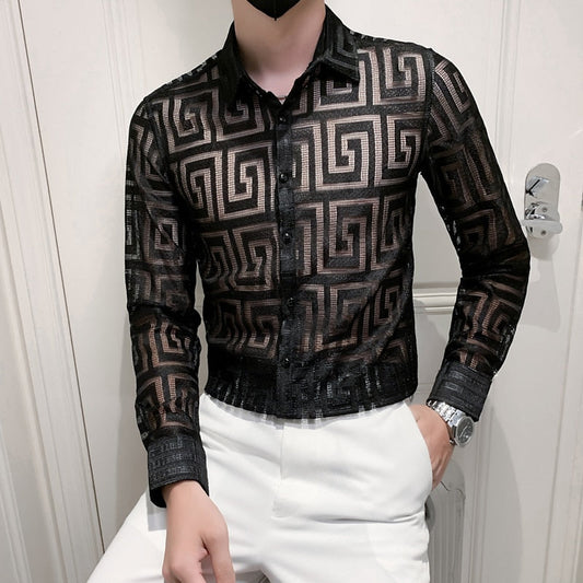 Autumn New Sexy Transparent Lace Shirt Men Clothing Simple All Match Slim Fit Long Sleeve Club/Prom Tuxedo