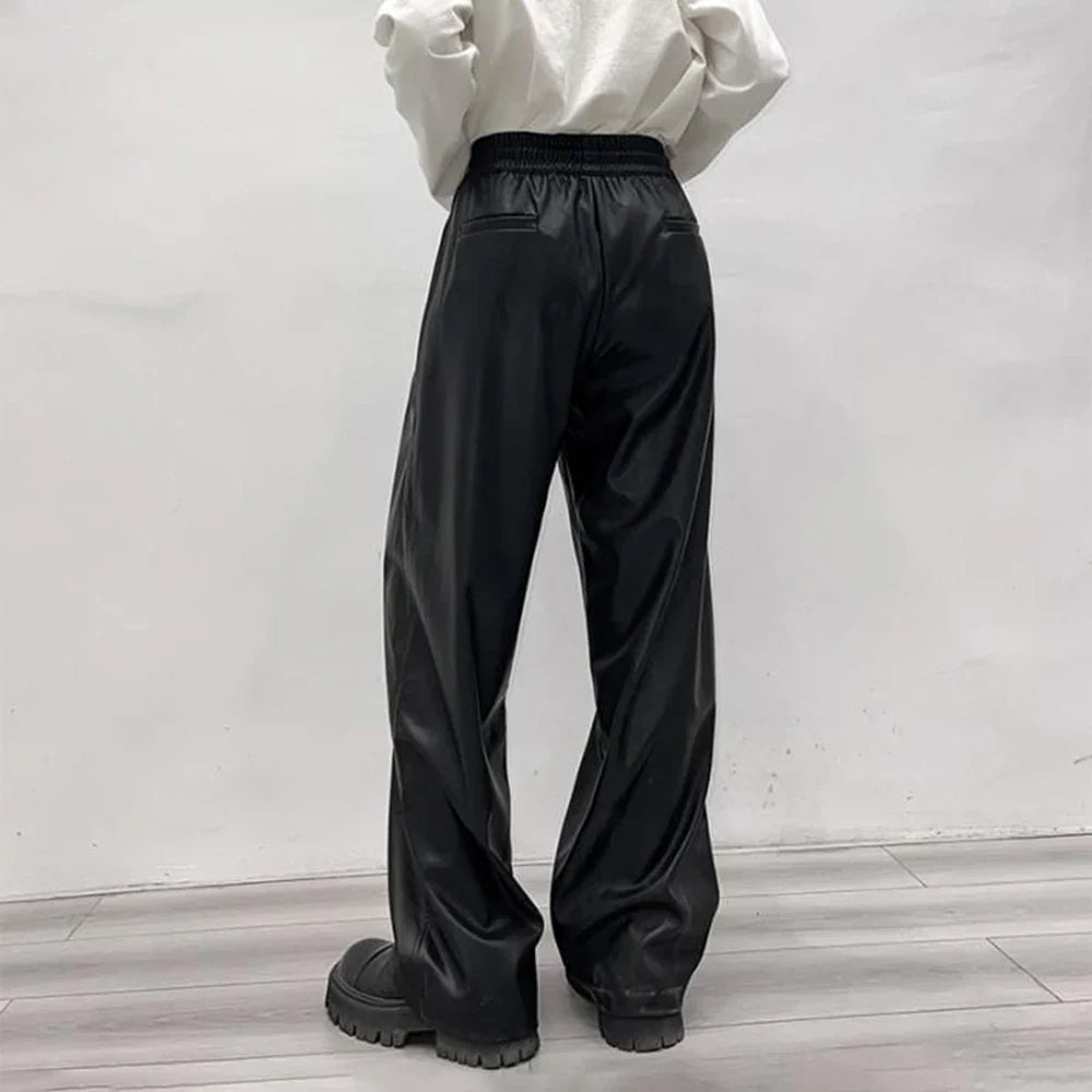 saferido Casual Drawstring PU Leather Long Pants Men Trousers Spring Fall  Loose Y2k Elastic Waist Straight Wide Leg Faux Leather Pants