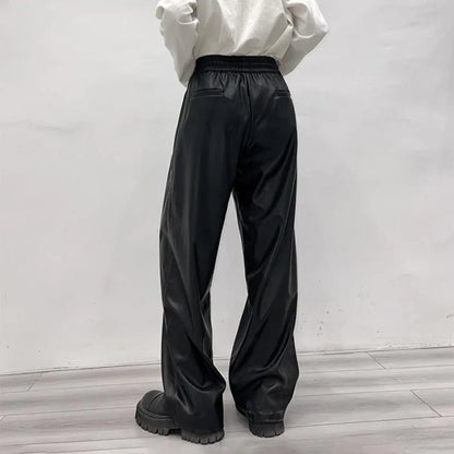 saferido Casual Drawstring PU Leather Long Pants Men Trousers Spring Fall  Loose Y2k Elastic Waist Straight Wide Leg Faux Leather Pants