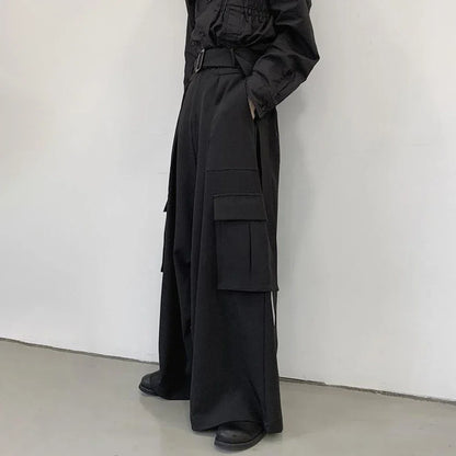 saferido Mens Multi-Pocket Loose Casual Skirts Genderless Japanese Harajuku Street Dark Workwear Style Solid Color Wide Leg Pants Unisex