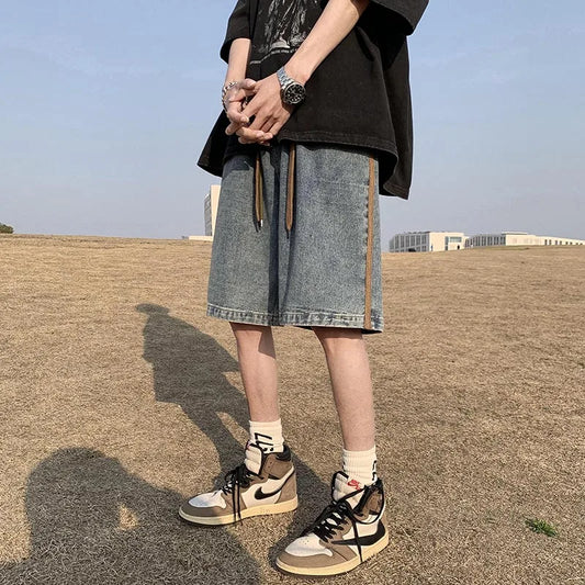 saferido  Side Striped Denim Shorts Men Wide Leg Baggy Drawstring Mid-waist Summer Fitness Handsome Slouchy Knee Length Japanese Style