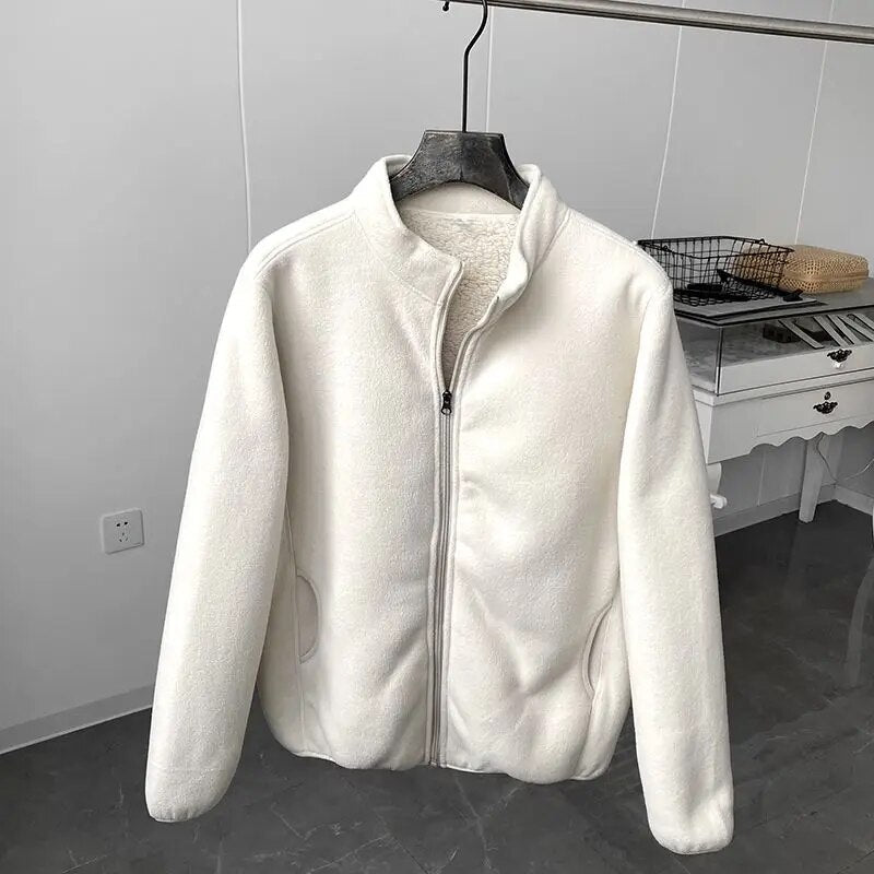 Winter Fleece Jacket Solid Color Sherpa Casual Coat Thick Warm Stand Collar Zip Up Outdoor Windbreak Jacket soft Comfortable