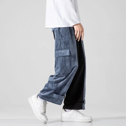 saferido Corduroy Casual Pants for Men's Loose Sports Stitching Pocket Overalls All-match Hip-hop Street Trendy Trousers Spring Autumn