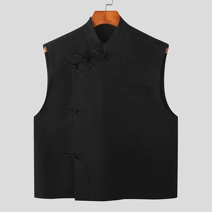 Men Shirt Solid Stand Collar Sleeveless Vintage Chinese Style Knot Button Men Clothing Summer  Casual Vests S-5XL