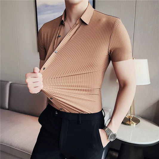 saferido  British Style Men's Summer Lce Silk Casual Short SSleeves Shirts/Male Slim Fit Lapel Stripe Stretch Business Dress Shirts