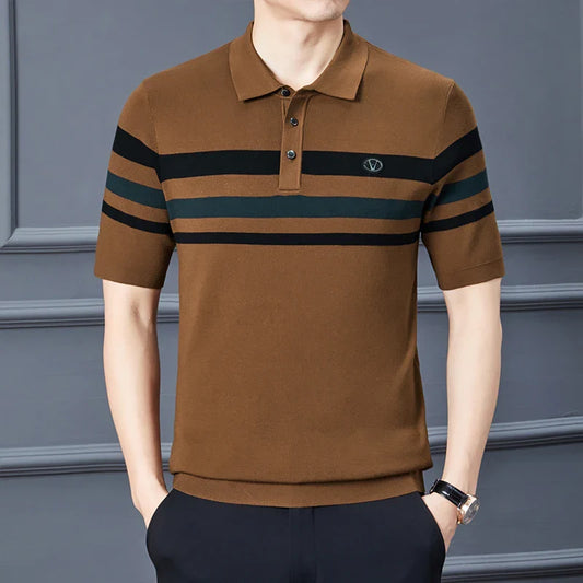 saferido Fashion City Spring Men's POLO T-shirt Silk Velvet T-shirt Half Sleeve Padded Lapel Short Sleeve Short-Sleeved Polo Shirt