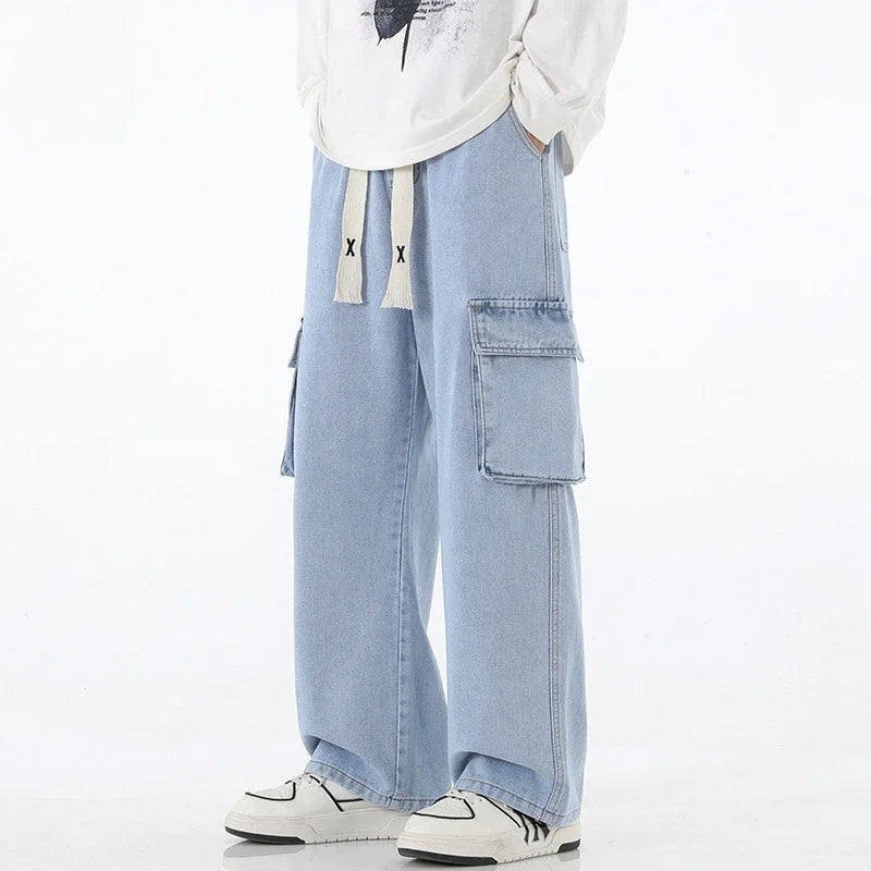 saferido 90s Streetwear American style spring autumn multi pocket workwear jeans for men unisex loose straight leg hip-hop wide leg pants