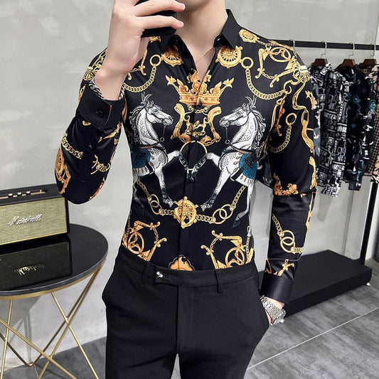 Fashion Print Shirt Men Royal Retro Long Sleeve Shirts Party NightClub Tuxedo Shirts Casual Slim Fit Streetwear Homme