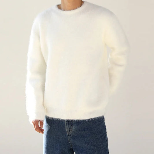 Autumn Winter Round Collar Mohair Sweater Loose Korean Style Vintage Kintted Sweater Pullover Men Clothing