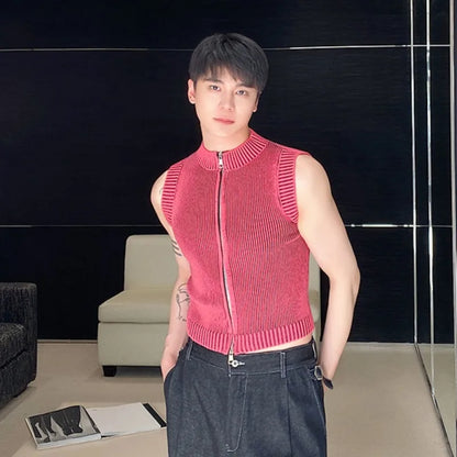 saferido Knitted Vest Men's Stand Collar Handsome Sweater Vest Korean Streetwear Male Clothing 2024 Spring Summer Fashion New