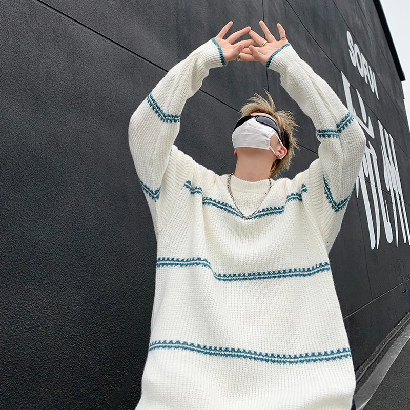 saferido Men Streetwear Harajuku Vintage Knitwears Oversized Knitted Sweater Winter Korean Fashions Striped Sweaters Pullovers