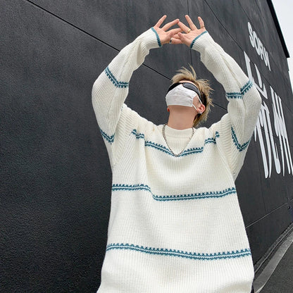 saferido Men Streetwear Harajuku Vintage Knitwears Oversized Knitted Sweater Winter Korean Fashions Striped Sweaters Pullovers