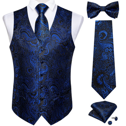 Men Black Paisley Vest Necktie Bowtie Pocket Square Cufflinks Dress Set Classic 5 PCS Business Waistcoat for Man