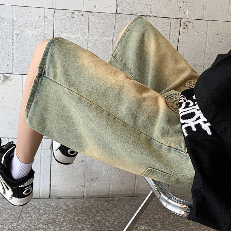 saferido  2024 Men Summer Vintage Oversize Loose Embroidery Jeans Men Straight Middle Shorts Male Casual Streetwear Denim Short Pant F19
