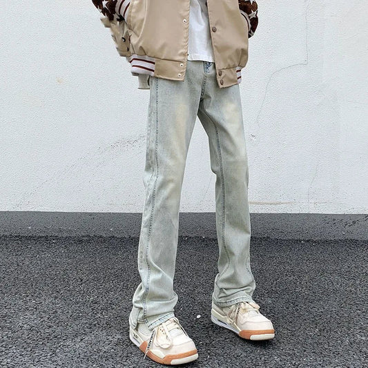 saferido Men's Blue High Street Micro La Jeans Fashion Men's Autumn New American Ruffian and Handsome Slim Long Pants