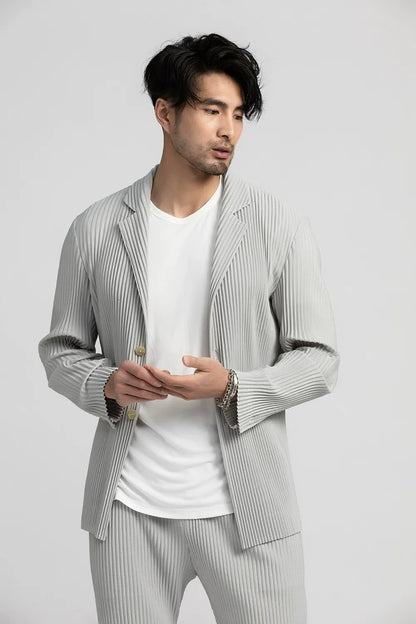 Miyake Blazer Men Pleated Black Suits For Men Stretch Fabric Slim Fit Coat High Quality Casual Japanese Style Blazers