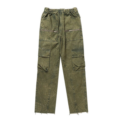 Spring Autumn Men's Deckle Edge Design Vintage Cargo Pants Elastic Waist Tide Straight High Street Casual Overalls 12A7537