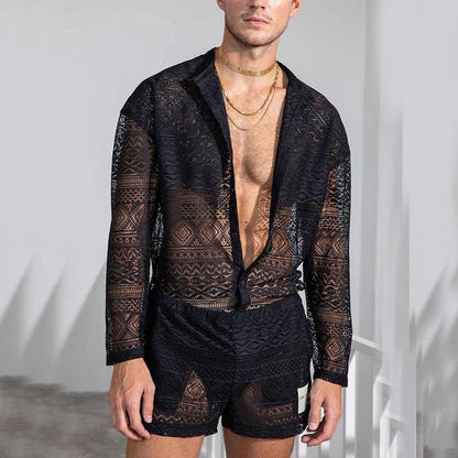 New Arrivals Men Set Summer Sexy See Through Lace Outfits Beach Fashion Short Sleeved Tops And Shorts Mens Two Piece Suits