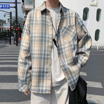 New Vintage Plaid Shirt Men Clothing Japanese Korean Fashion Designer Loose Long Sleeve Casual Oversized Shirts for Men