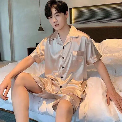 Men Pajama Sets Ice Silk Satin Short Sleeve Shirt+Shorts 2Pcs Suit Summer Thin Sleepwear Solid Color Male Casual Home Clothes
