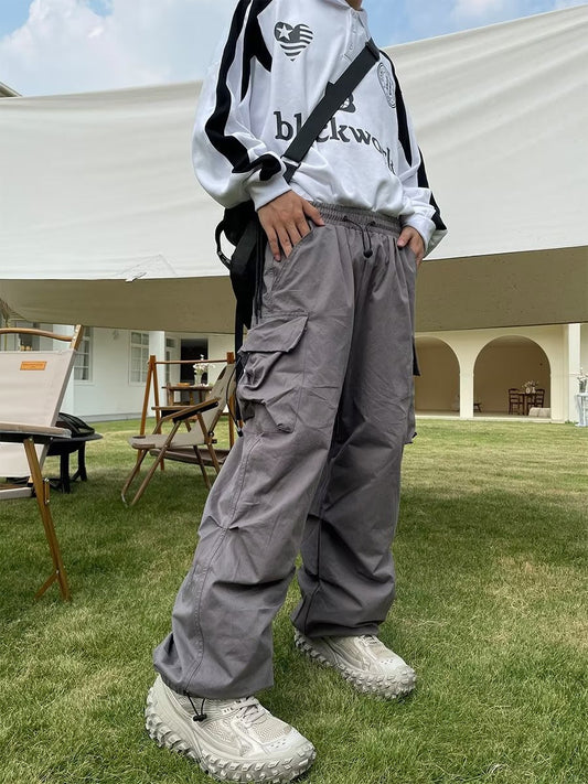 China-Chic straight tube multi pocket adjustable drawcord casual loose overalls men women ins style wide leg jogger pants