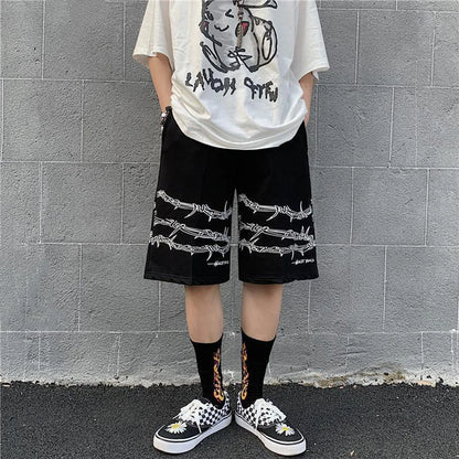 saferido Mens Casual Shorts Summer Hip-Hop Street Harajuku Style Personalized Print Simple Sports Shorts Boys Loose Straight Pants