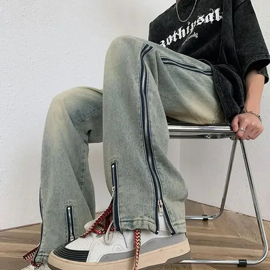 saferido Trousers Straight Jeans for Men with Slits Hip Hop Male Cowboy Pants Punk Wide Leg Baggy 2024 Korean Autumn Designer Cotton Kpop