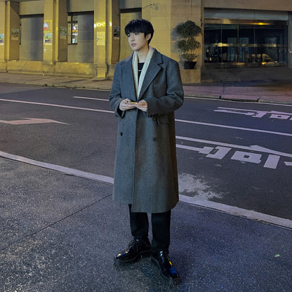 saferido Winter Long Trenchcoat Men Korean-style Solid Double Breasted Woolen Coat Loose Casual Trench Outwear Solid Color Overcoats