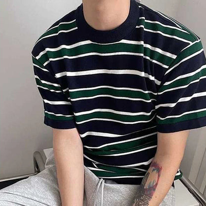 saferido Mens Japanese Striped Casual Knitted Short-Sleeved T-Shirt Genderless Fashion Personalized Versatile Retro Loose T-Shirt Unisex
