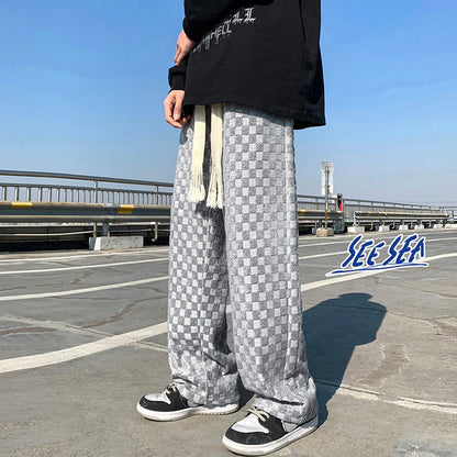 saferido Straight Wide Leg Knitted Sweatpants Men's Spring Autumn Solid Color Plaid Casual Pants Sports Trend Classic All-match Trousers