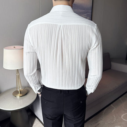 Spring Fashion Fold Design Long Sleeve Striped Shirts For Men Clothing Business Slim Fit Casual Tuxedo