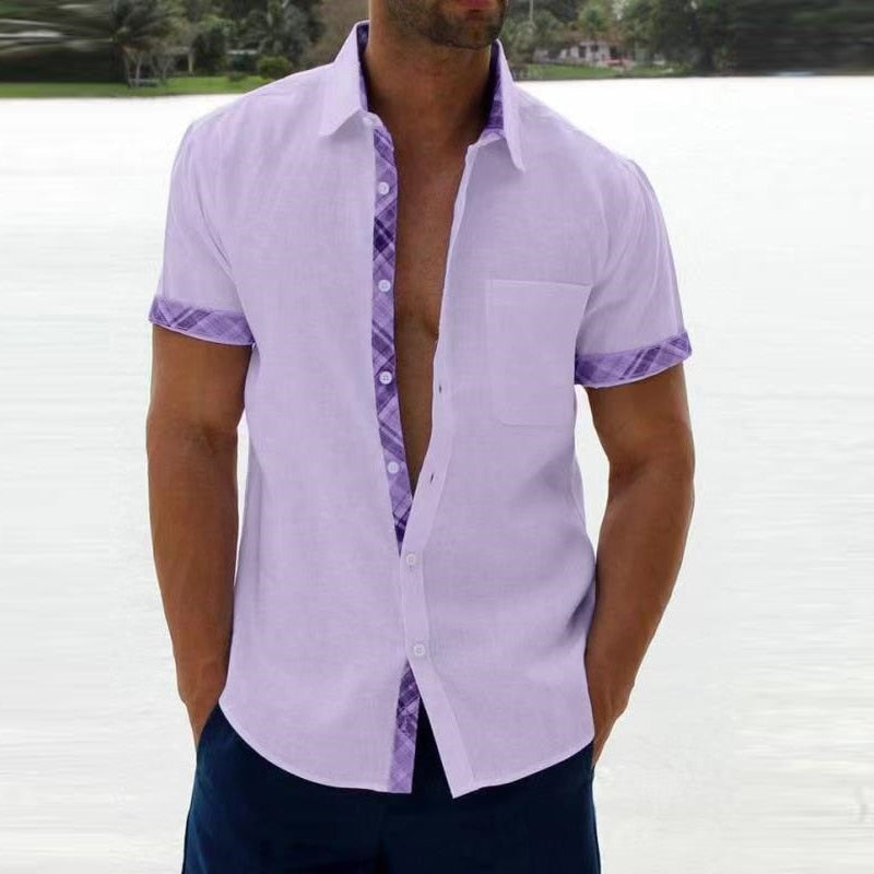 Vintage Plaid Print Mens Patchwork Shirts Fashion Loose Short Sleeve Button Cardigan Tops Men Clothes Spring Summer Casual Shirt